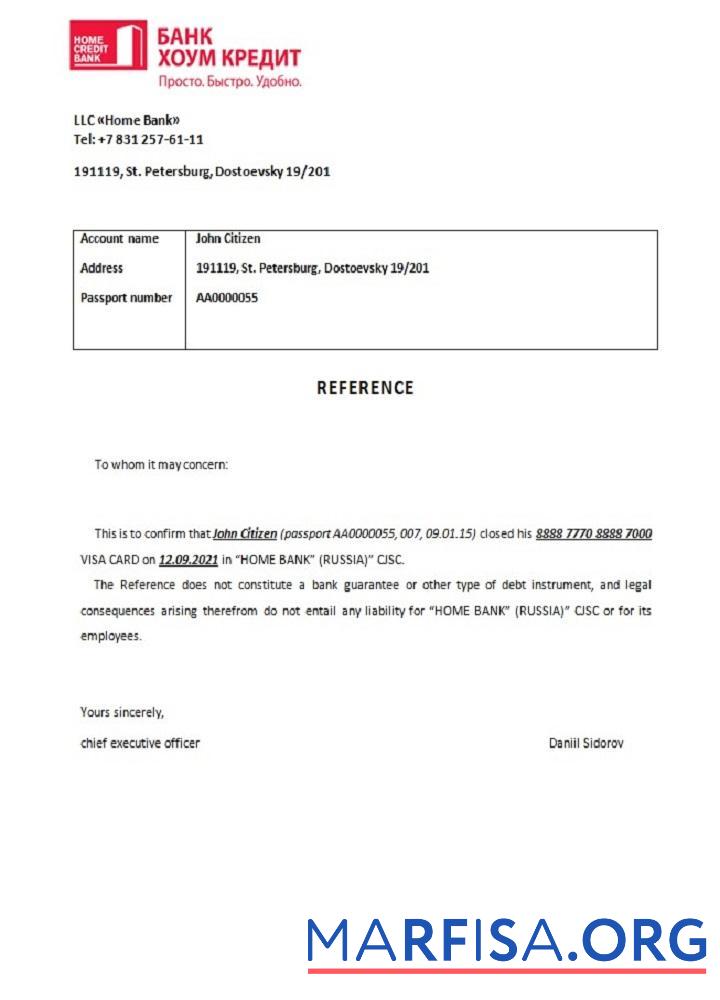 Downloadable Russia Bank Home Credit closure reference download for verification